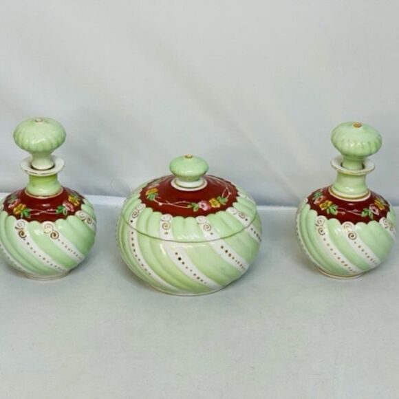 Vintage Japan Vanity Set Porcelain Powder Trinket Box & 2 Perfume Bottles green - Picture 1 of 6
